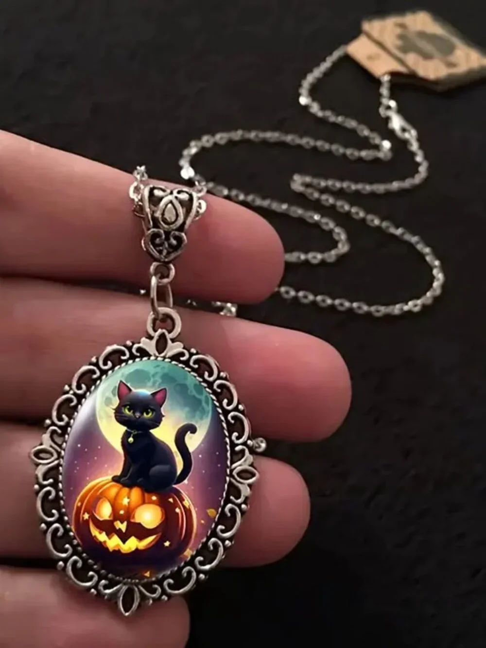 Silver Halloween BLACK CAT Pendant Necklace